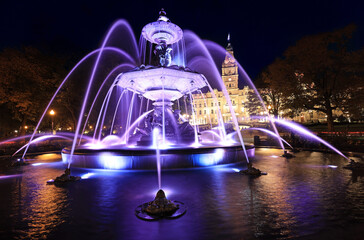 Quebec City Parliament illuminated at night with The Fontaine de Tourny on the foreground, Canada