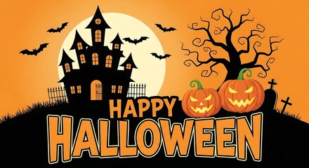 Get ready for a spooky and fun Halloween night with this scary haunted house, spooky pumpkins, bats and a looming moon graphic