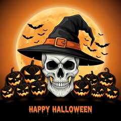Spooky Halloween night scene with grinning pumpkins, bats flying across the moon, and a skeleton wearing a witch's hat ready for trick or treat fun