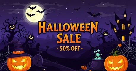 Spooky Halloween sale with pumpkins, bats, full moon and haunted house, perfect for festive season marketing campaigns and seasonal greetings with 50% off deal