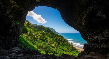 Cave View of Lush Coastline and Ocean in Kauai, Hawaii.