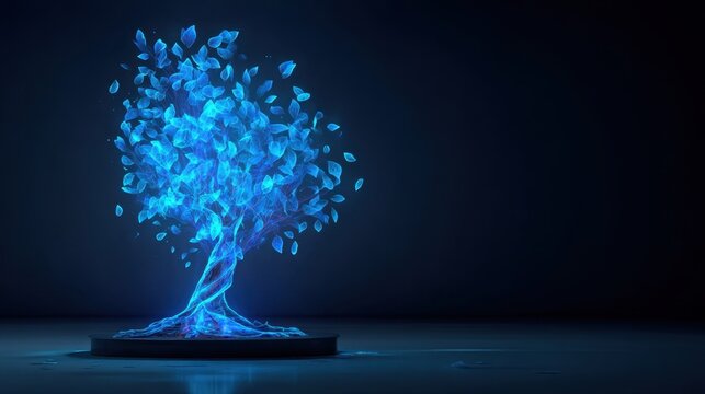 Digital Tree with Neon Blue Leaves in a Dark Environment, Abstract Concept of Nature and Technology Blended Together
