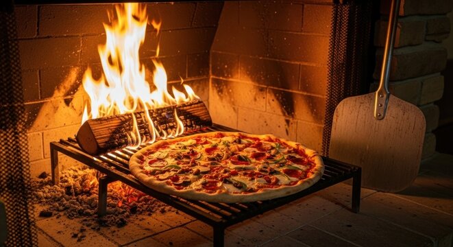 A pizza baking in a wood-fired oven with flames and a pizza paddle.