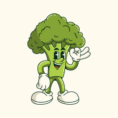 Cartoon retro broccoli Vector illustration hand drawn