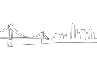 Minimalist Line Art of a City Skyline with Bridge in Black and White Modern Design Element
