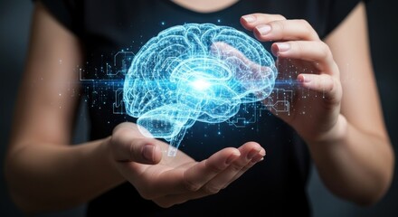 A person holding a digital brain with a glowing light in the center.