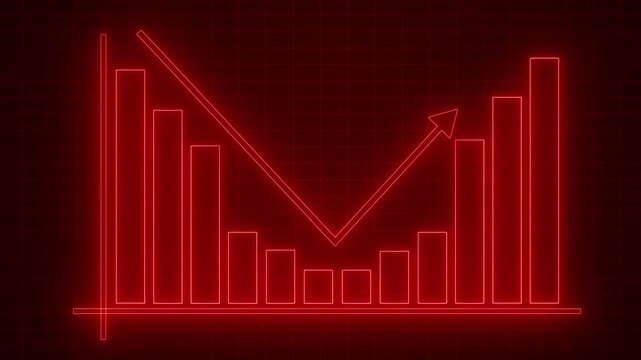 Neon Bar Chart with Downward Trend Arrow, Corporate Business Report Animation Featuring Neon Glowing Bar Graph Elements
