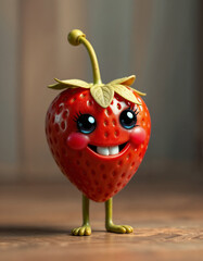 Cute Cartoon Strawberry Character with Big Eyes and Happy Smile on Wooden Table