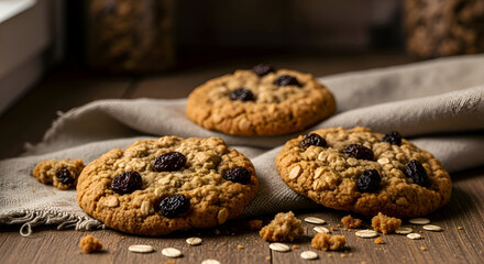 Delicious Oatmeal Raisin Cookies On A Rustic Wooden Table With Napkin And Soft Light