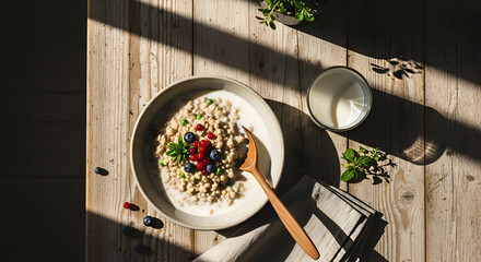 Delicious Oatmeal Breakfast With Fresh Berries And Mint On Rustic Wooden Table