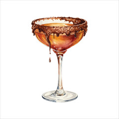 Chocolate Rimmed Cocktail Glass Watercolor Vector, Dessert Drink Illustration on White
