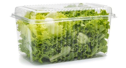 Fresh Lettuce in Clear Plastic Container for Salad Preparation.