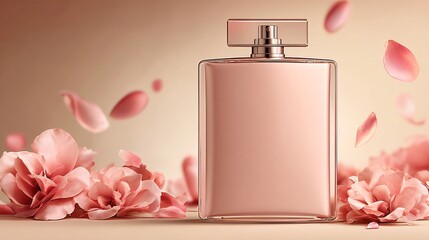 Elegant rose gold perfume bottle surrounded by delicate pink petals and soft floral blooms, evoking luxury and romance in a studio setting