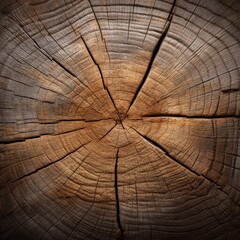 Fototapeta premium Close-up of natural wood texture with detailed tree rings and cracks, showing the organic pattern and aging process of timber, perfect for background or design material 