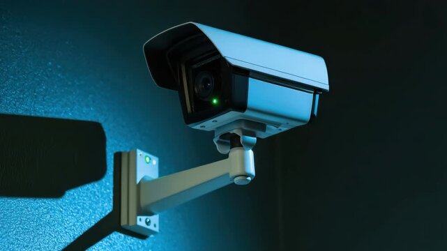 Modern Security Camera Mounted on Wall with Green LED Light for Surveillance in Dark Environment 4k video footage
