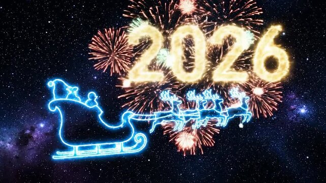 Happy new year. Sleigh with Santa Claus and reindeer riding over the starry sky with letters 2026 and fireworks