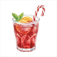 Candy Cane Stirrer Cocktail Watercolor Illustration, Holiday Red Drink
