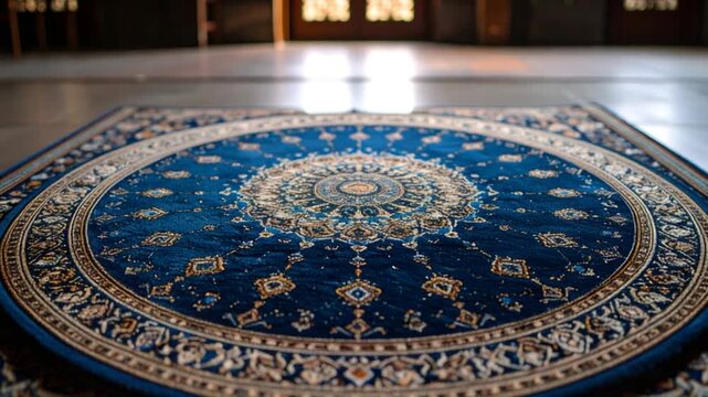 Intricately patterned blue and gold circular rug detailed textile design