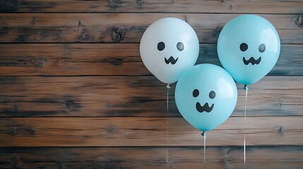 Cute pastel balloons with faces against a rustic wooden background for party decor