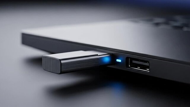 The simple elegance of modern technology shown by a compact metallic USB dongle with a blue indicator light in a laptop