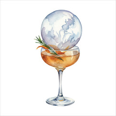 Smoked Bubble Garnish Cocktail Watercolor Illustration, Modern Bar Drink
