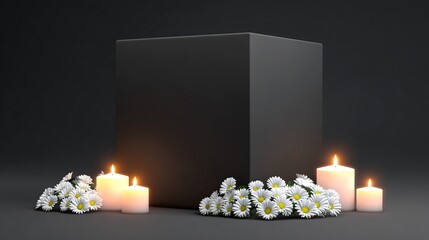 Solemn tribute with burning candles and delicate white daisies surrounding a dark, minimalist pedestal, evoking remembrance and peaceful reflection.