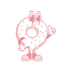 Groovy donut breakfast character in retro cartoon. Mascot, vector, icon, colection, sticker, vintage, illustration, set, funny, logo, comic, vintage, line art, logo, coloring book