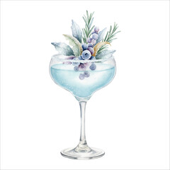 Nitrogen Frozen Garnish Cocktail Watercolor Illustration, Cold Modern Drink
