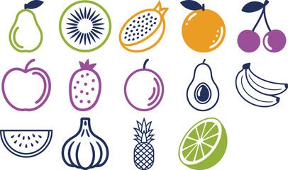 Vibrant assortment of fruit icons for packaging design or healthy food blog
