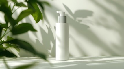 image of a simple white skin care bottle with soft plant shadows in the background size 