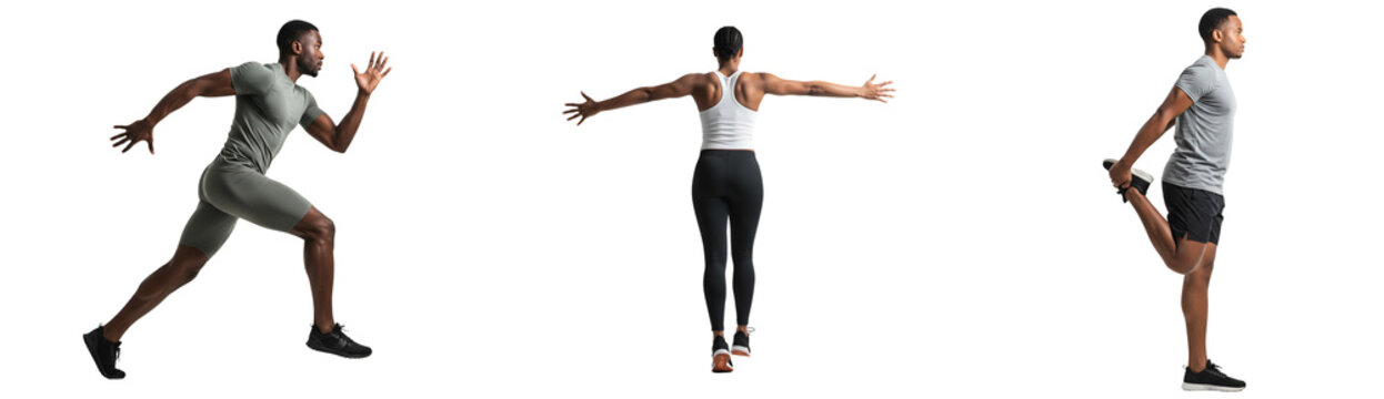 Athletic man doing running sprint exercise and stretching leg muscles for warm up and cool down routine on transparent background
