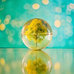 Glass globe reflecting the green forest concept of sustainability and environmental awareness 