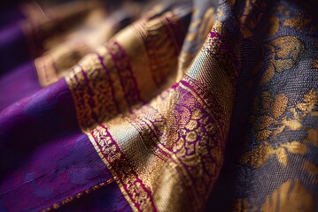 Capture the luxurious texture of silk with this stunning purple and gold sari fabric, perfect for elegant fashion designs and cultural celebrations