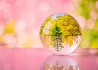 Glass globe reflecting a miniature green forest concept of sustainability and environmental awareness 