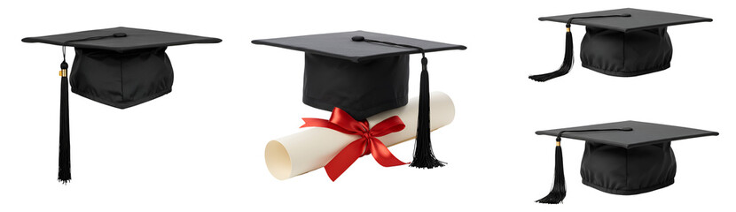 Graduation caps and diploma scroll with red ribbon for academic success celebration concept image on transparent background