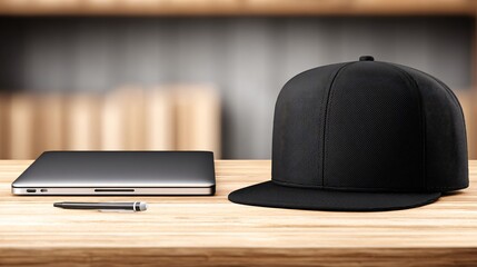 Sleek black baseball cap and modern laptop rest on a warm wooden desk, ready for your creative project or professional endeavors.