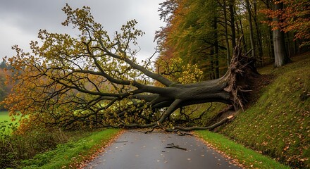 Fallen Tree Blocking Road After Storm in Autumn Forest.