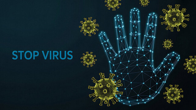Stop Virus Protection Concept with Digital Wireframe Hand Illustration