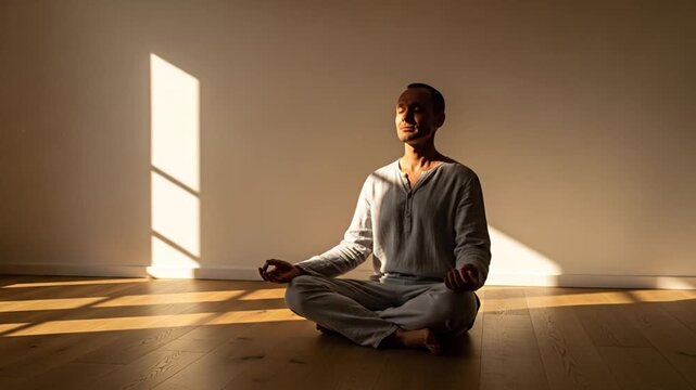 Embrace the simple tranquility of mindful meditation within a sunlit, peaceful space, fostering profound inner calm and spiritual well-being through quiet, focused reflection