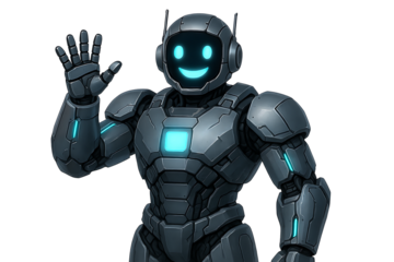Dark grey heavily armored robot character waving hand with a big friendly blue smiling face and glowing chest display isolated on transparent background