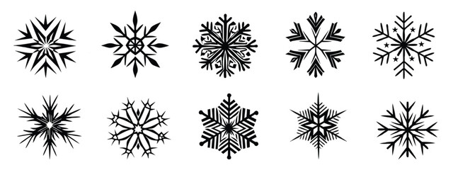 Elegant Black Snowflake Collection on Transparent Background: Winter Season Ornaments and Christmas Decorations - Isolated Vector Elements for Graphic Design