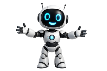 Cute little white android robot character with happy blue glowing eyes standing with open arms ready to welcome, greet, and hug isolated on transparent background
