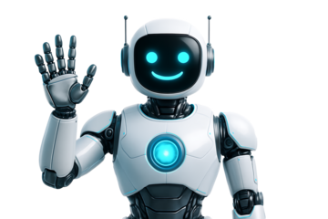 Close up portrait of a friendly white metallic robot mascot waving and smiling with antennae and glowing chest emblem isolated on transparent background