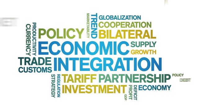 Economic integration animated word cloud-text design animation tag kinetic typography seamless loop.