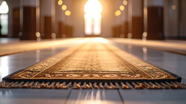 Ornate prayer rug illuminated by soft light in religious interior