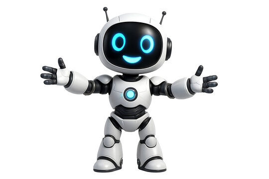 Cute little white android robot character with happy blue glowing eyes standing with open arms ready to welcome, greet, and hug isolated on transparent background