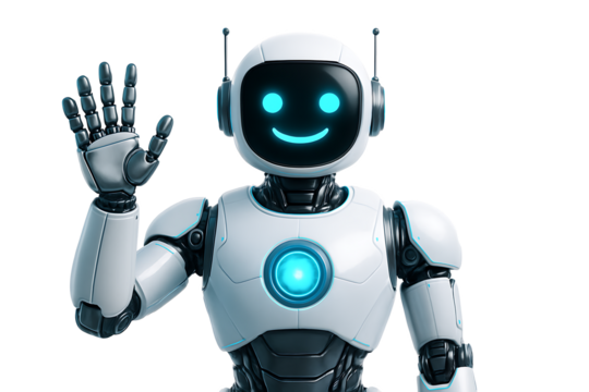 Close up portrait of a friendly white metallic robot mascot waving and smiling with antennae and glowing chest emblem isolated on transparent background