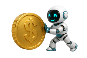 Cute little white astronaut robot character pushing a giant shiny golden dollar coin representing financial growth and a strong successful future isolated on transparent background