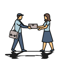 Simple Line Art Delivery Man Passing Package to Female Customer Illustration