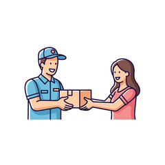 Obraz premium Smiling Delivery Man Giving Parcel to Happy Woman Home Service Vector